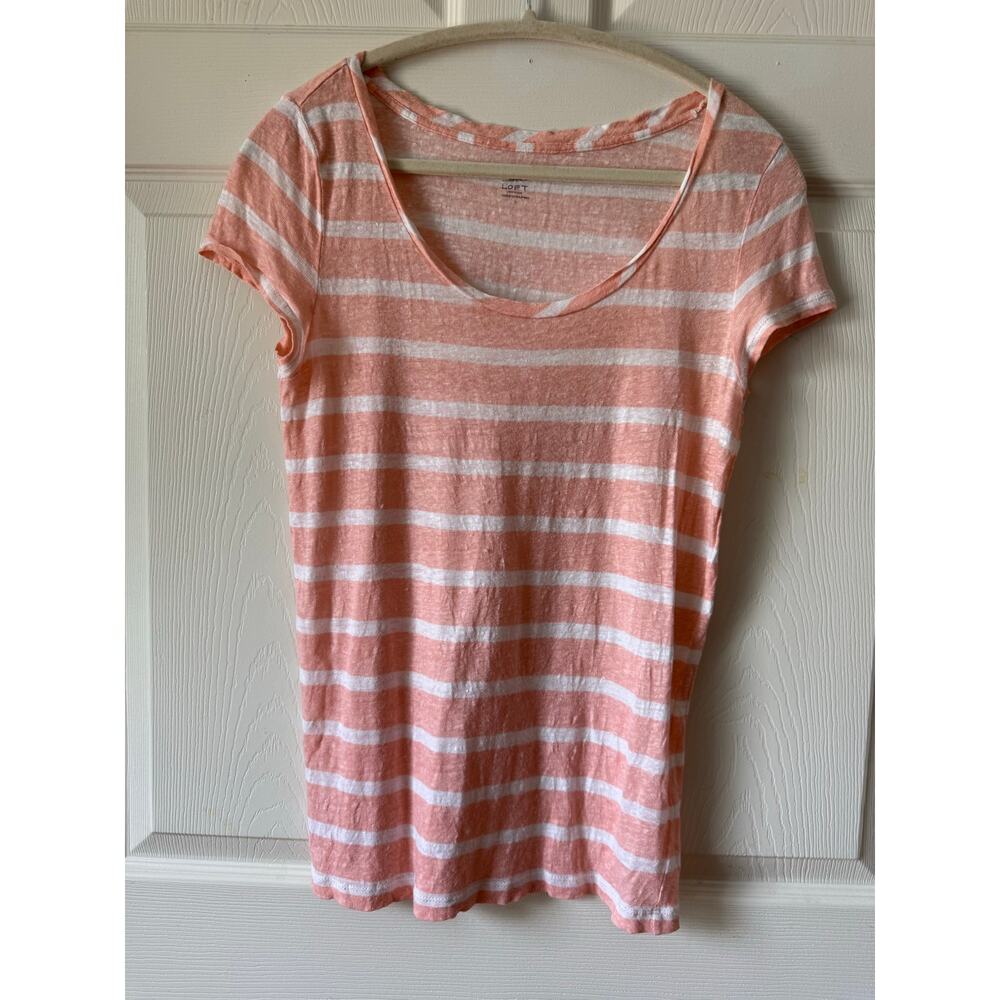 LOFT Pink White Striped 100% Linen Tee Size Small Lightweight Coastal Capsule